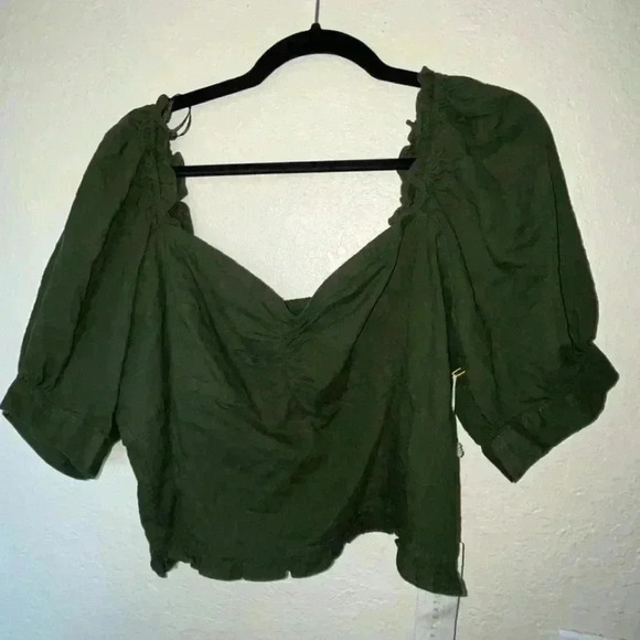 NWT Happy X Nature Dark Green Linen On/Off Shoulder cropped top SIZE XXL - Picture 3 of 8